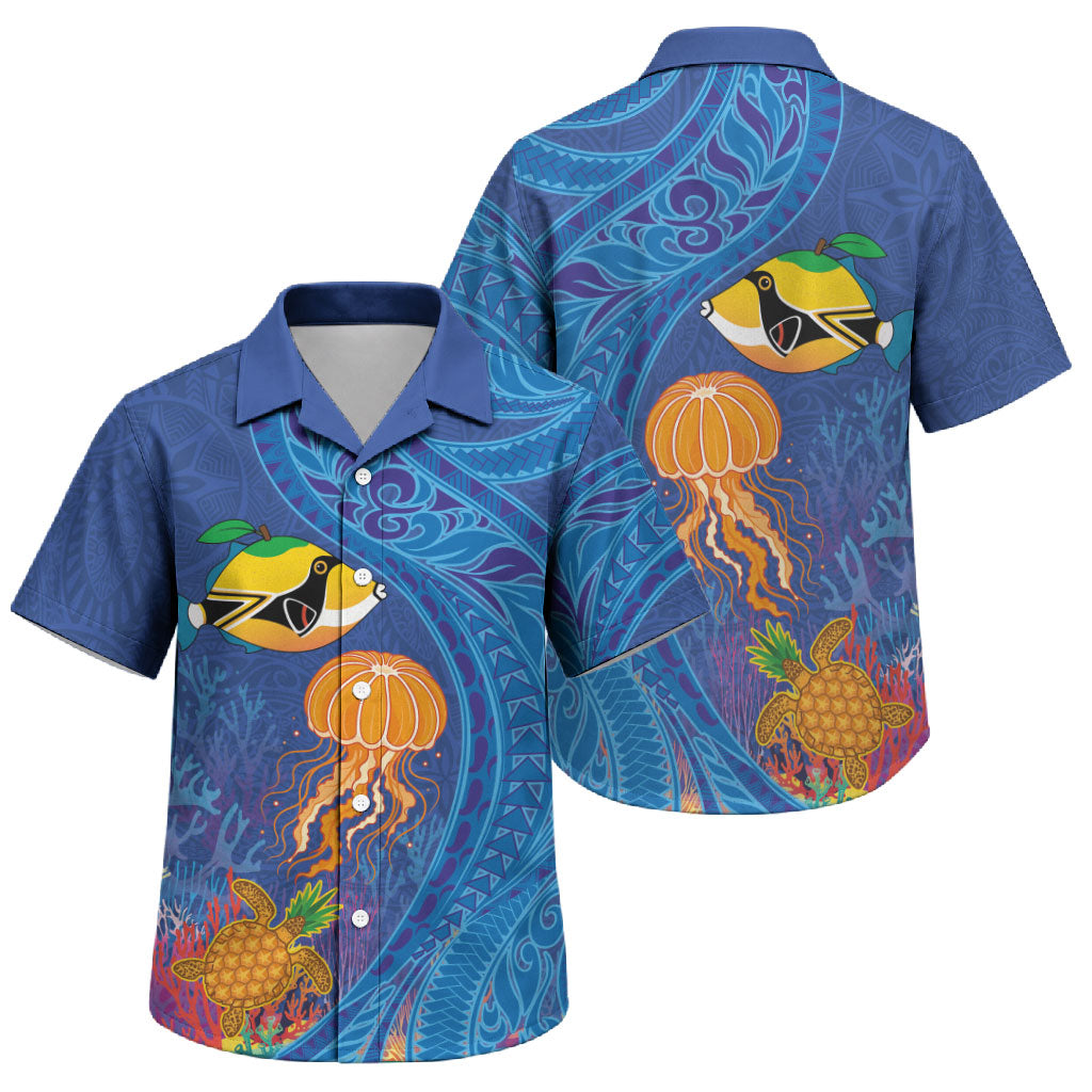Hawaiian Funny Fruits Sea Animals Family Matching Tank Maxi Dress and Hawaiian Shirt Mango Reef Triggerfish and Pineapple Turtle and Mandarin Jellyfish