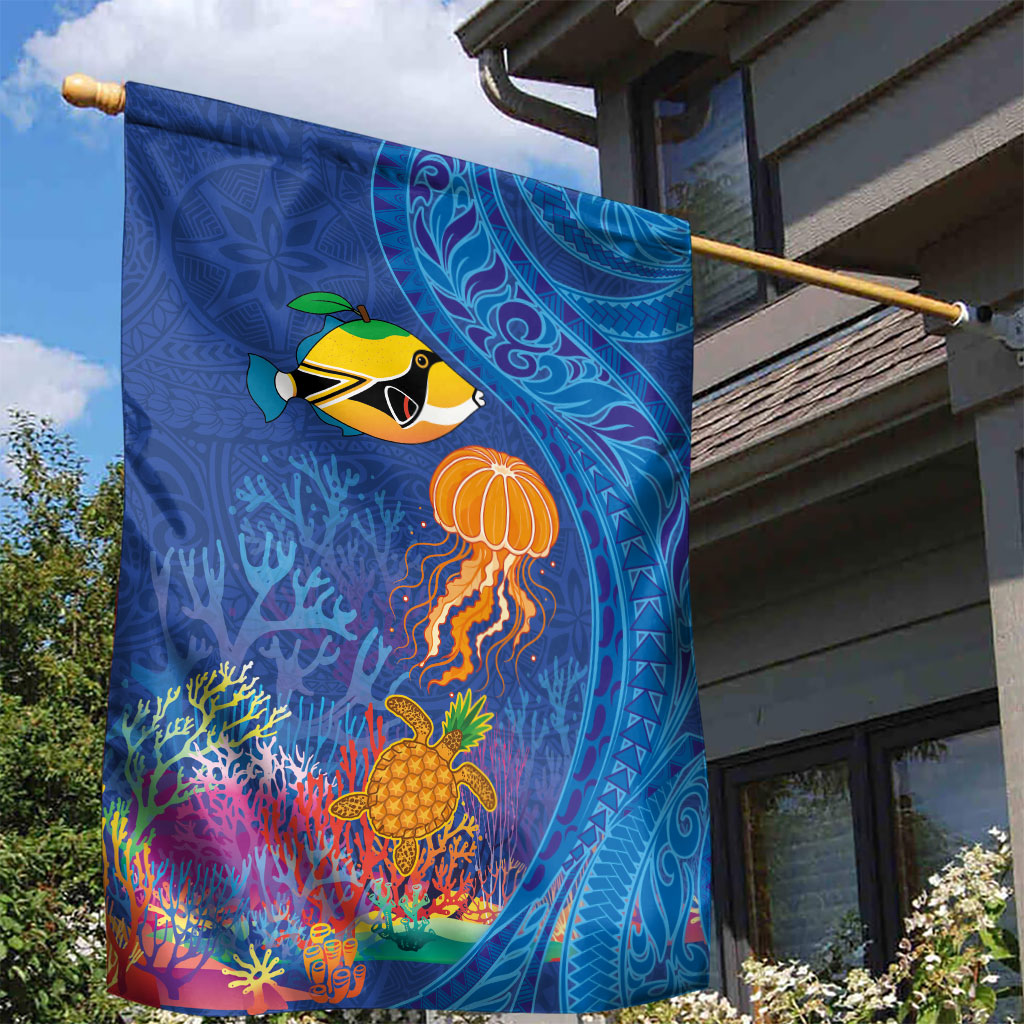 Hawaiian Funny Fruits Sea Animals Garden Flag Mango Reef Triggerfish and Pineapple Turtle and Mandarin Jellyfish