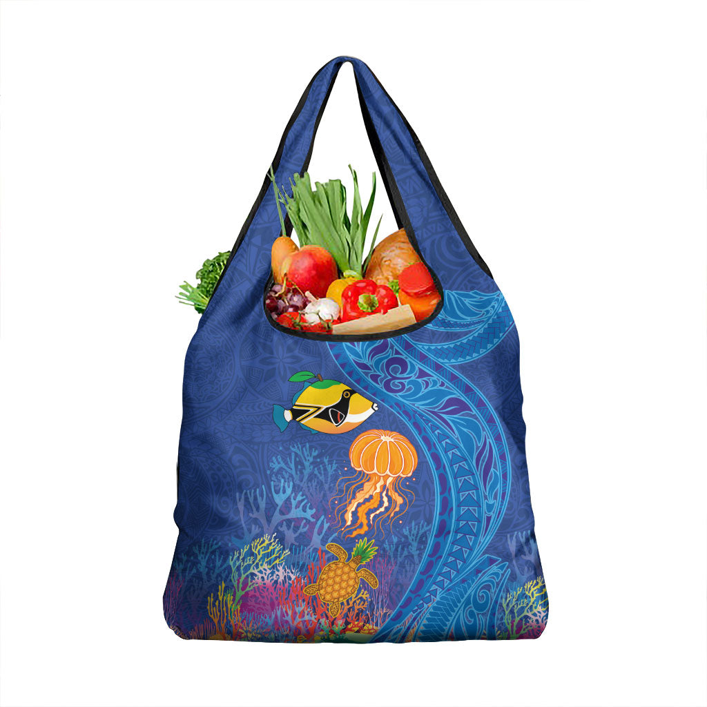 Hawaiian Funny Fruits Sea Animals Grocery Bag Mango Reef Triggerfish and Pineapple Turtle and Mandarin Jellyfish