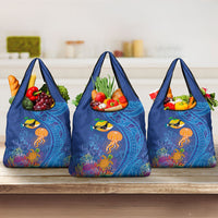 Hawaiian Funny Fruits Sea Animals Grocery Bag Mango Reef Triggerfish and Pineapple Turtle and Mandarin Jellyfish
