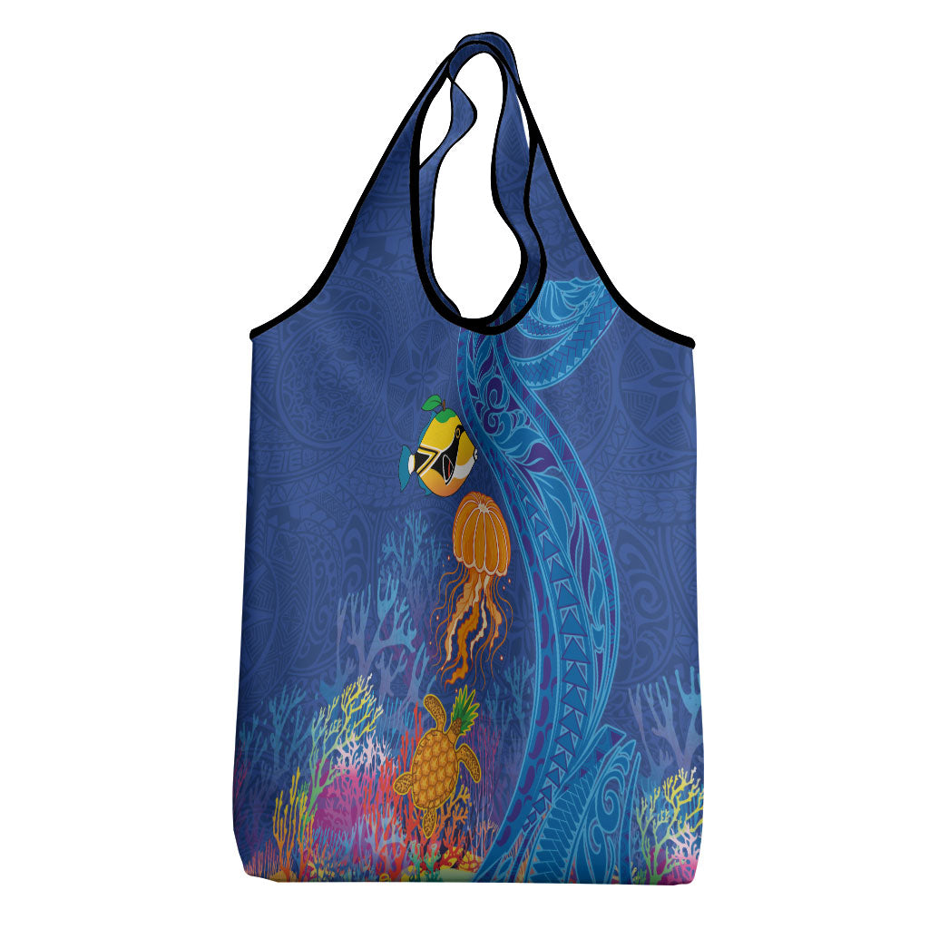 Hawaiian Funny Fruits Sea Animals Grocery Bag Mango Reef Triggerfish and Pineapple Turtle and Mandarin Jellyfish