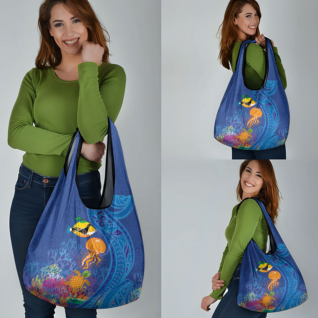 Hawaiian Funny Fruits Sea Animals Grocery Bag Mango Reef Triggerfish and Pineapple Turtle and Mandarin Jellyfish