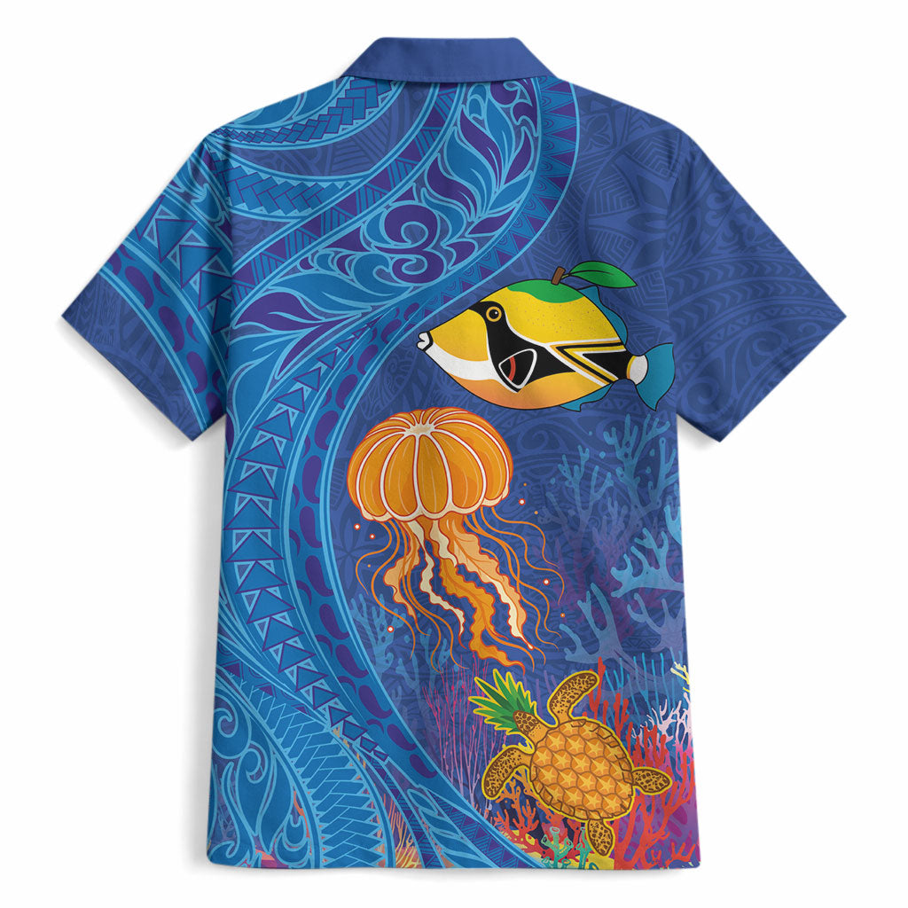 Hawaiian Funny Fruits Sea Animals Hawaiian Shirt Mango Reef Triggerfish and Pineapple Turtle and Mandarin Jellyfish