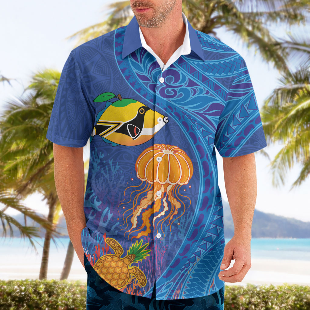 Hawaiian Funny Fruits Sea Animals Hawaiian Shirt Mango Reef Triggerfish and Pineapple Turtle and Mandarin Jellyfish
