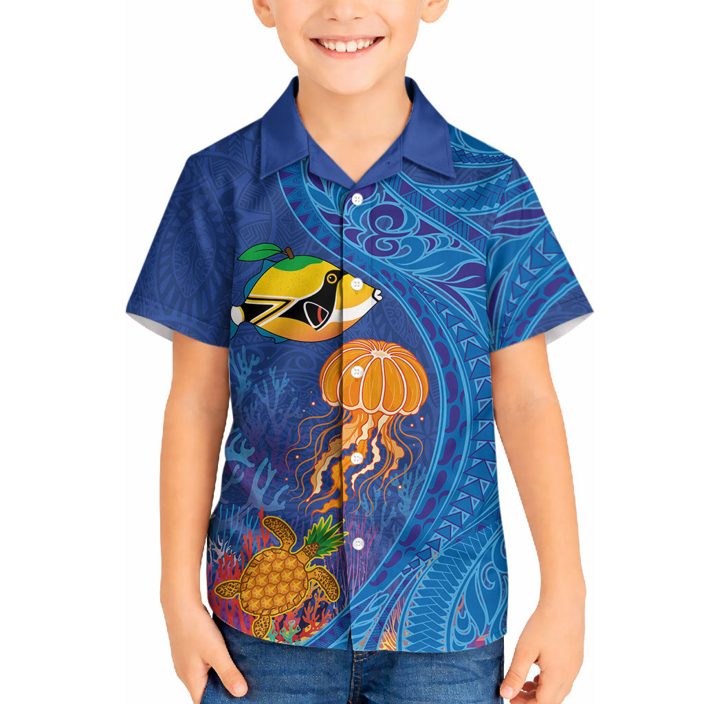 Hawaiian Funny Fruits Sea Animals Hawaiian Shirt Mango Reef Triggerfish and Pineapple Turtle and Mandarin Jellyfish