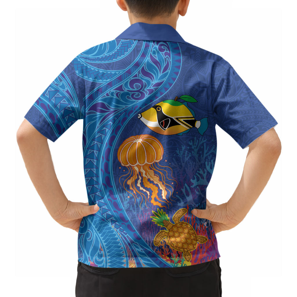 Hawaiian Funny Fruits Sea Animals Hawaiian Shirt Mango Reef Triggerfish and Pineapple Turtle and Mandarin Jellyfish