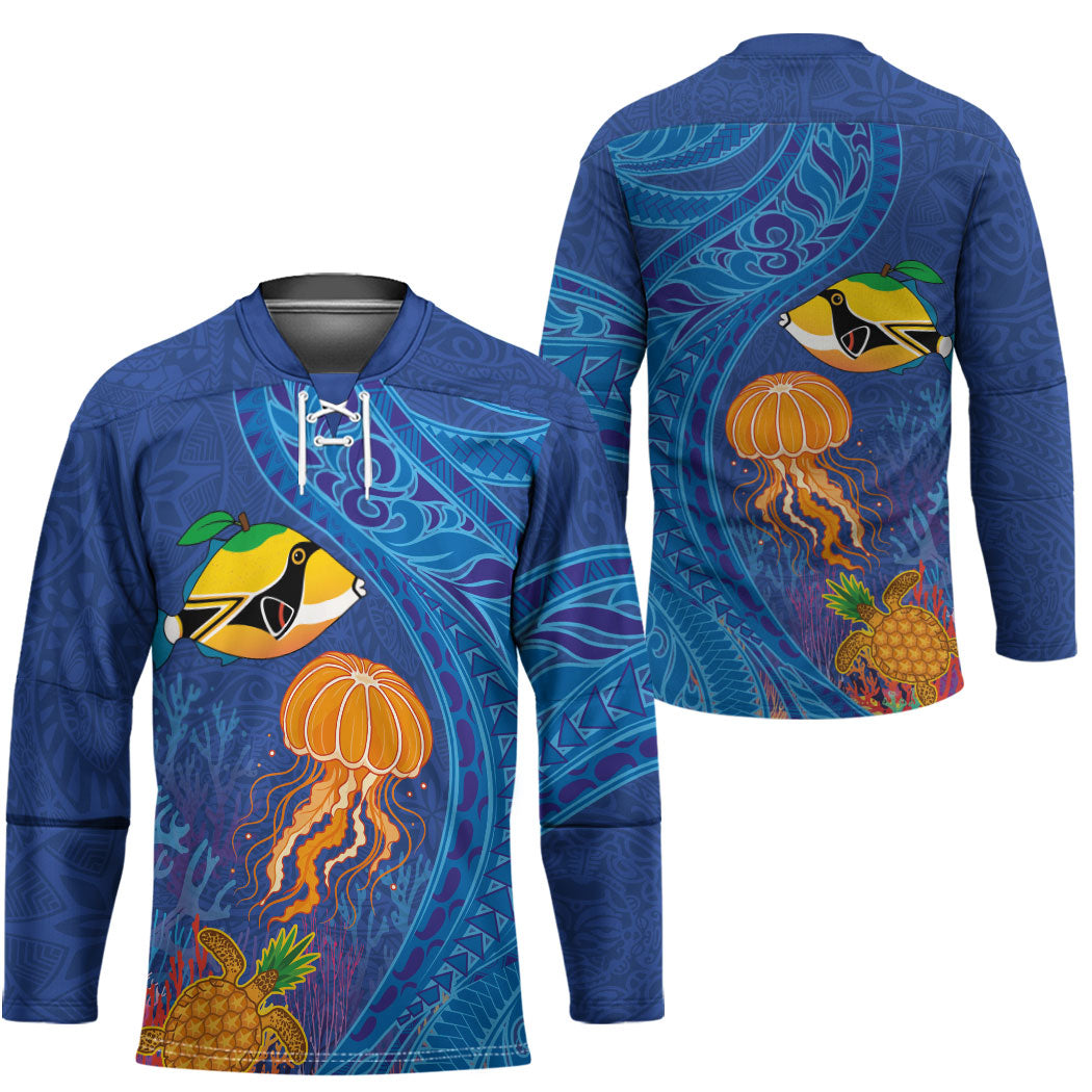 Hawaiian Funny Fruits Sea Animals Hockey Jersey Mango Reef Triggerfish and Pineapple Turtle and Mandarin Jellyfish