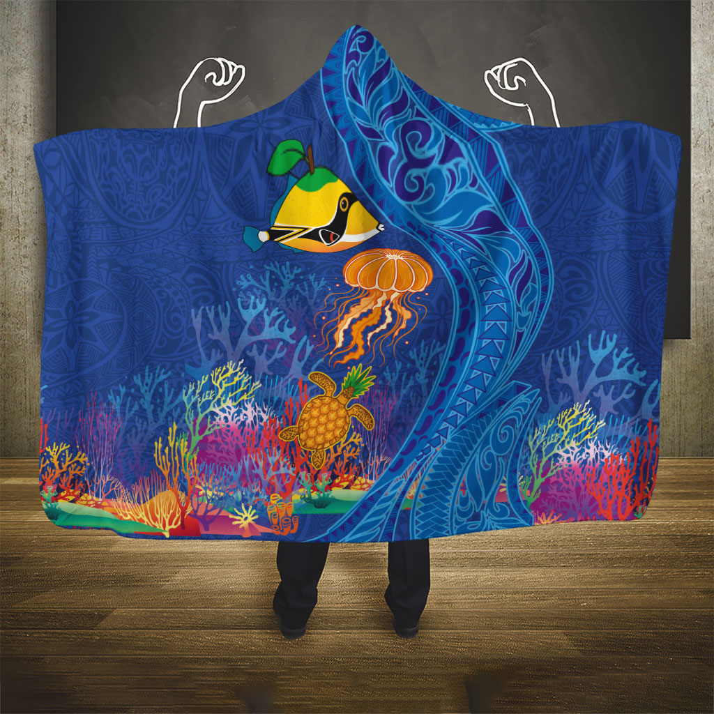 Hawaiian Funny Fruits Sea Animals Hooded Blanket Mango Reef Triggerfish and Pineapple Turtle and Mandarin Jellyfish