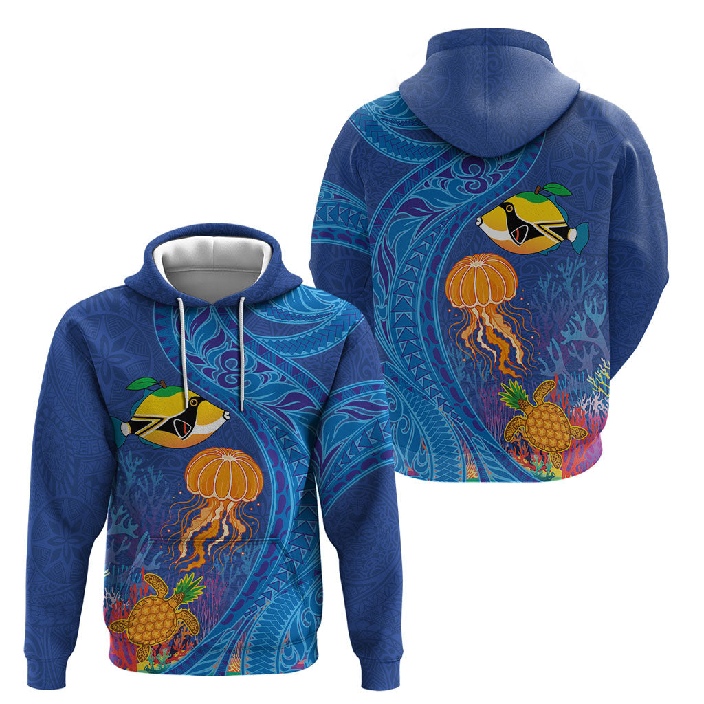 Hawaiian Funny Fruits Sea Animals Hoodie Mango Reef Triggerfish and Pineapple Turtle and Mandarin Jellyfish
