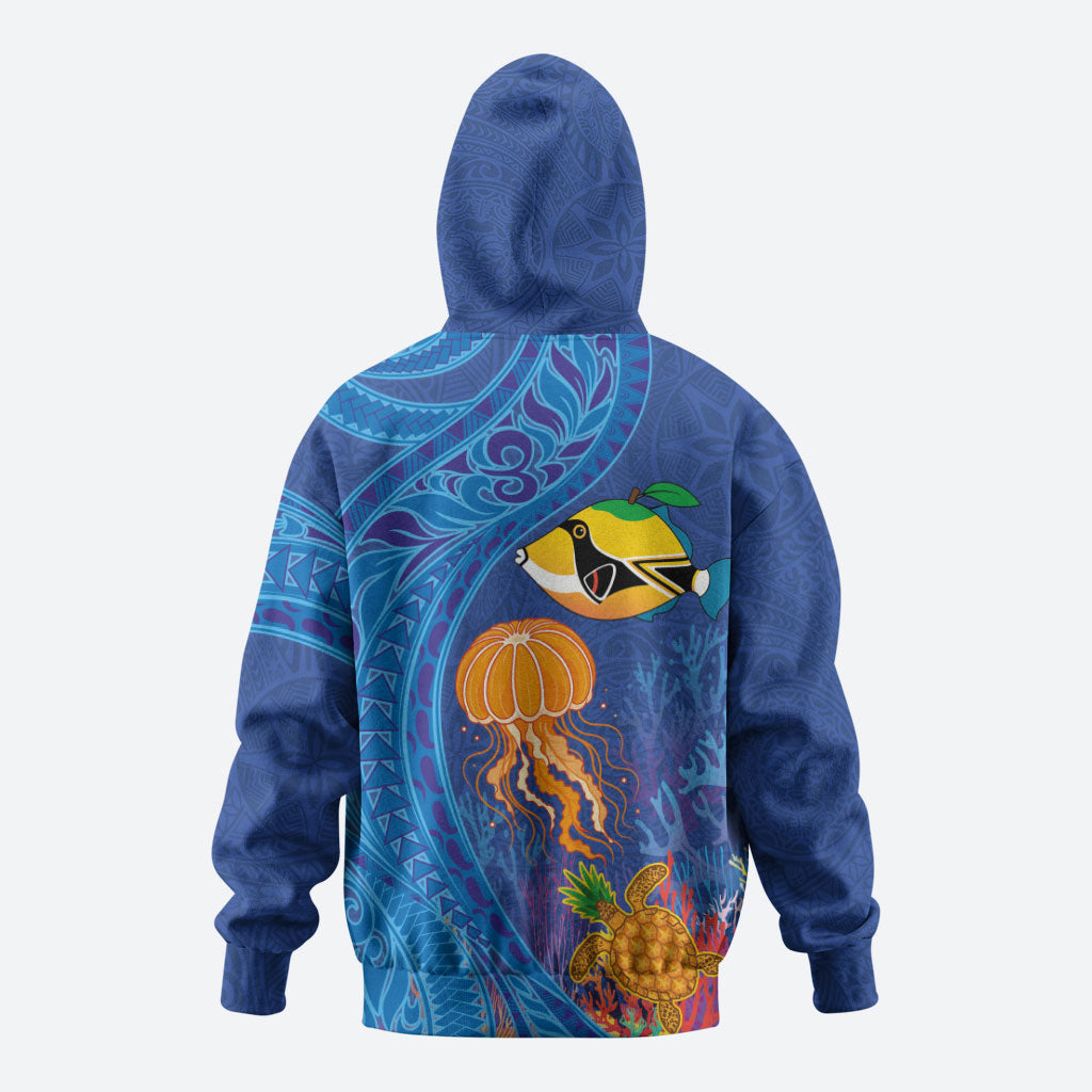 Hawaiian Funny Fruits Sea Animals Hoodie Mango Reef Triggerfish and Pineapple Turtle and Mandarin Jellyfish