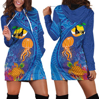 Hawaiian Funny Fruits Sea Animals Hoodie Dress Mango Reef Triggerfish and Pineapple Turtle and Mandarin Jellyfish