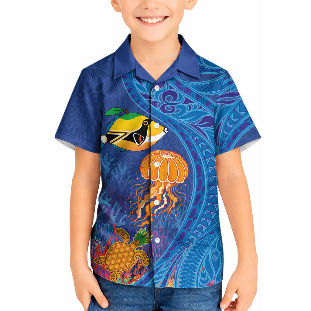 Hawaiian Funny Fruits Sea Animals Kid Hawaiian Shirt Mango Reef Triggerfish and Pineapple Turtle and Mandarin Jellyfish