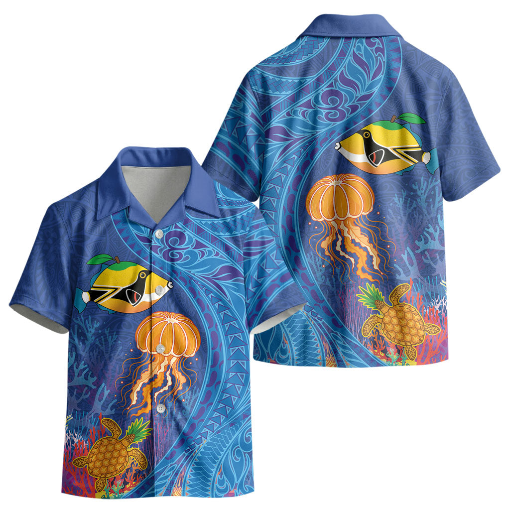 Hawaiian Funny Fruits Sea Animals Kid Hawaiian Shirt Mango Reef Triggerfish and Pineapple Turtle and Mandarin Jellyfish