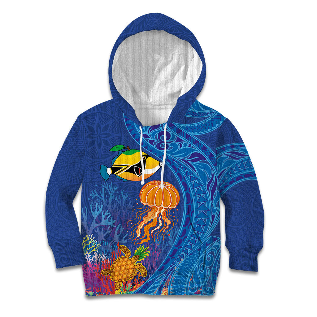 Hawaiian Funny Fruits Sea Animals Kid Hoodie Mango Reef Triggerfish and Pineapple Turtle and Mandarin Jellyfish