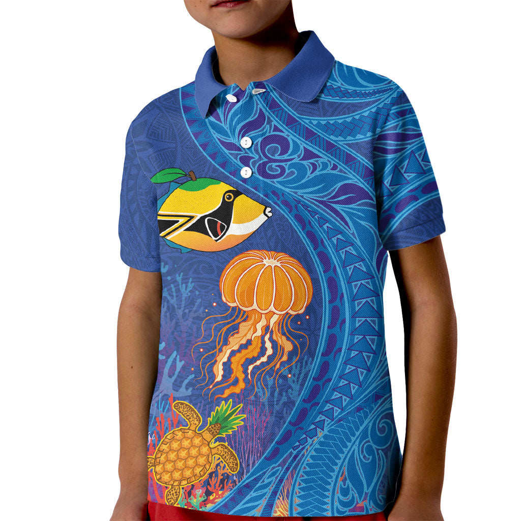 Hawaiian Funny Fruits Sea Animals Kid Polo Shirt Mango Reef Triggerfish and Pineapple Turtle and Mandarin Jellyfish