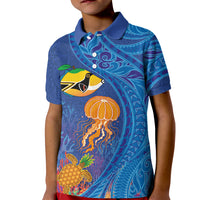 Hawaiian Funny Fruits Sea Animals Kid Polo Shirt Mango Reef Triggerfish and Pineapple Turtle and Mandarin Jellyfish