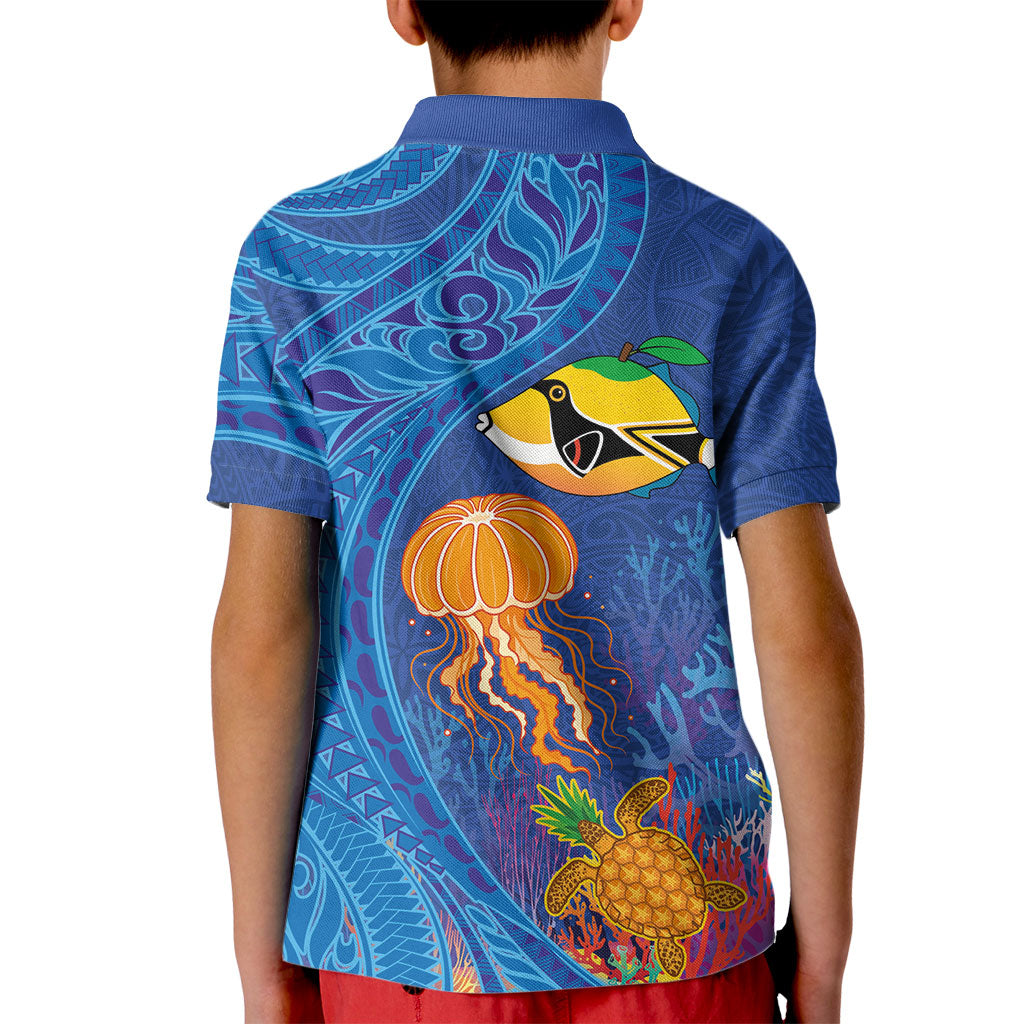 Hawaiian Funny Fruits Sea Animals Kid Polo Shirt Mango Reef Triggerfish and Pineapple Turtle and Mandarin Jellyfish