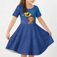 Hawaiian Funny Fruits Sea Animals Kid Short Sleeve Dress Mango Reef Triggerfish and Pineapple Turtle and Mandarin Jellyfish