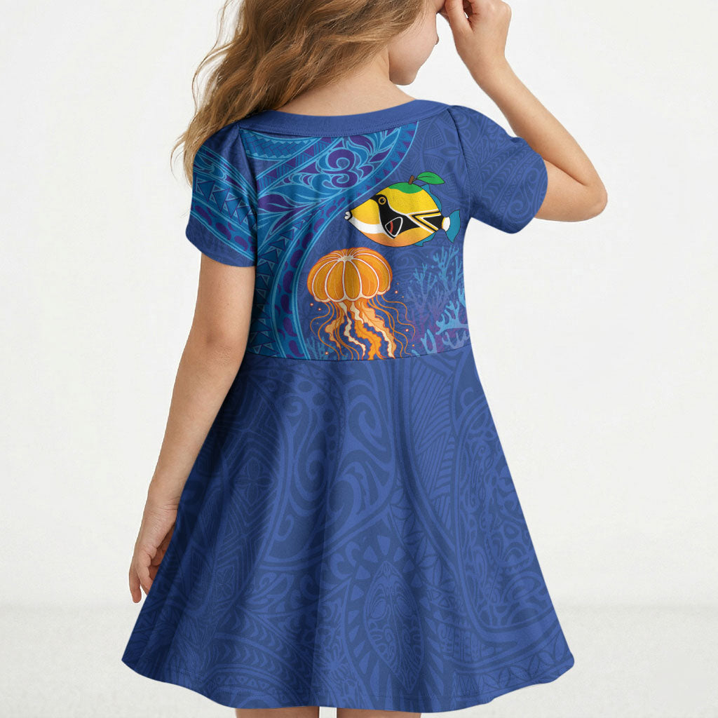 Hawaiian Funny Fruits Sea Animals Kid Short Sleeve Dress Mango Reef Triggerfish and Pineapple Turtle and Mandarin Jellyfish