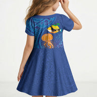 Hawaiian Funny Fruits Sea Animals Kid Short Sleeve Dress Mango Reef Triggerfish and Pineapple Turtle and Mandarin Jellyfish