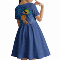 Hawaiian Funny Fruits Sea Animals Kid Short Sleeve Dress Mango Reef Triggerfish and Pineapple Turtle and Mandarin Jellyfish