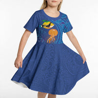 Hawaiian Funny Fruits Sea Animals Kid Short Sleeve Dress Mango Reef Triggerfish and Pineapple Turtle and Mandarin Jellyfish