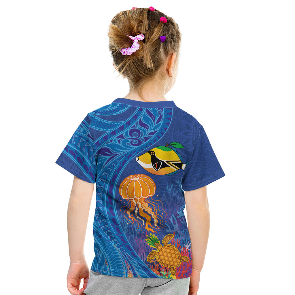 Hawaiian Funny Fruits Sea Animals Kid T Shirt Mango Reef Triggerfish and Pineapple Turtle and Mandarin Jellyfish