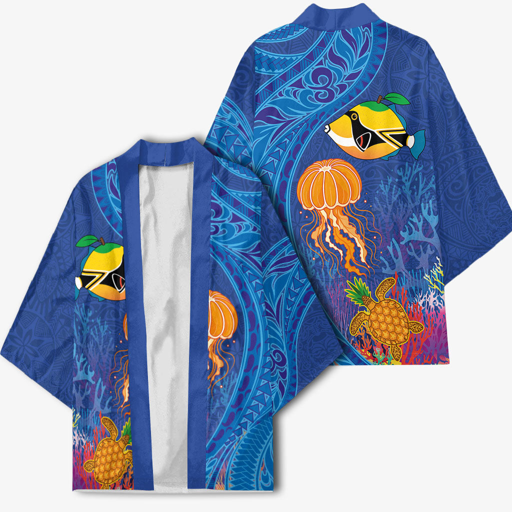 Hawaiian Funny Fruits Sea Animals Kimono Mango Reef Triggerfish and Pineapple Turtle and Mandarin Jellyfish