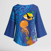 Hawaiian Funny Fruits Sea Animals Kimono Sleeve Blouse Mango Reef Triggerfish and Pineapple Turtle and Mandarin Jellyfish