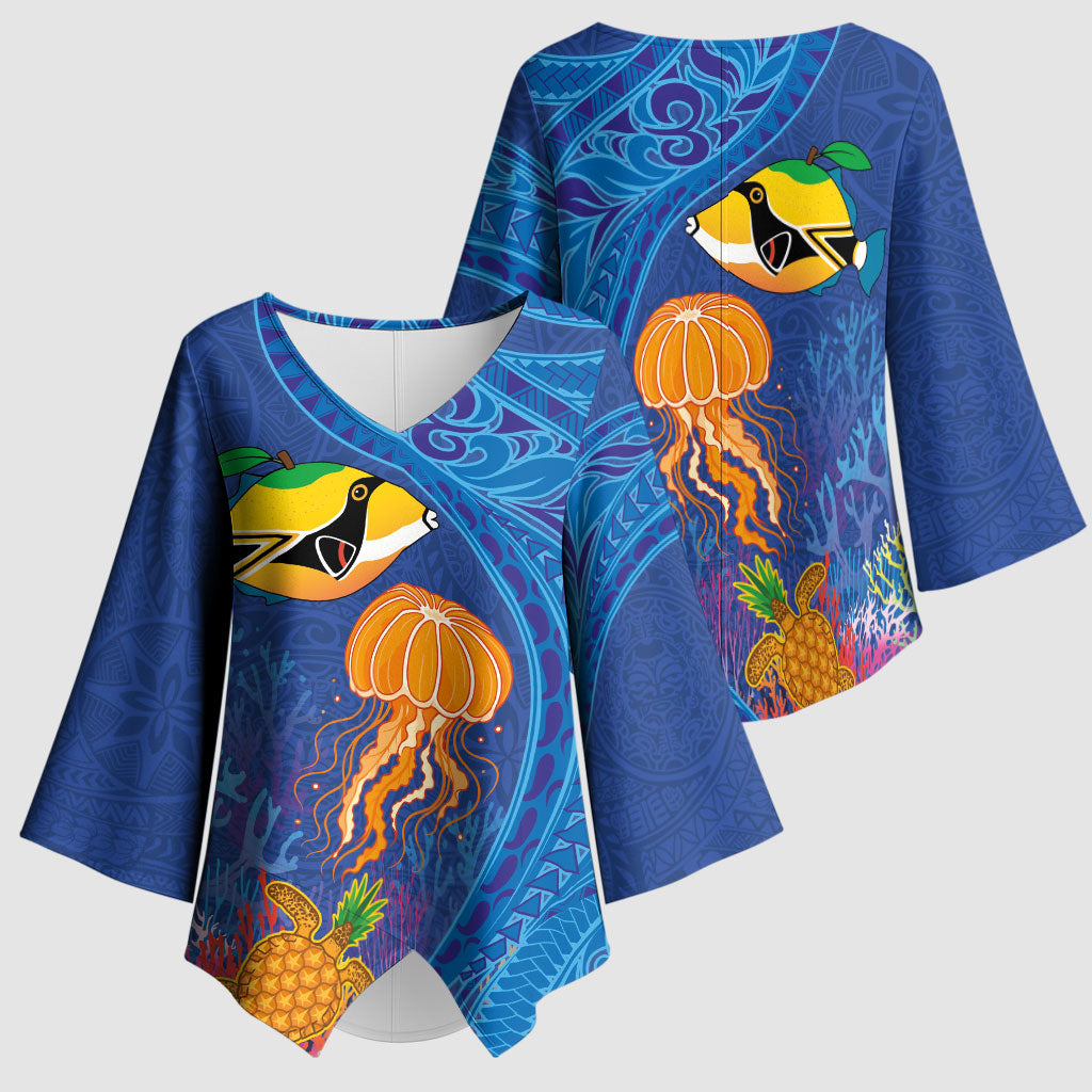 Hawaiian Funny Fruits Sea Animals Kimono Sleeve Blouse Mango Reef Triggerfish and Pineapple Turtle and Mandarin Jellyfish