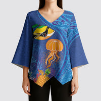 Hawaiian Funny Fruits Sea Animals Kimono Sleeve Blouse Mango Reef Triggerfish and Pineapple Turtle and Mandarin Jellyfish