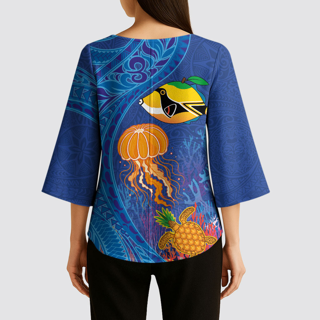 Hawaiian Funny Fruits Sea Animals Kimono Sleeve Blouse Mango Reef Triggerfish and Pineapple Turtle and Mandarin Jellyfish