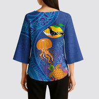 Hawaiian Funny Fruits Sea Animals Kimono Sleeve Blouse Mango Reef Triggerfish and Pineapple Turtle and Mandarin Jellyfish