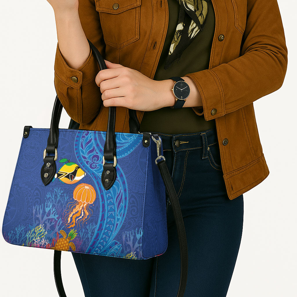 Hawaiian Funny Fruits Sea Animals Leather Bag Mango Reef Triggerfish and Pineapple Turtle and Mandarin Jellyfish
