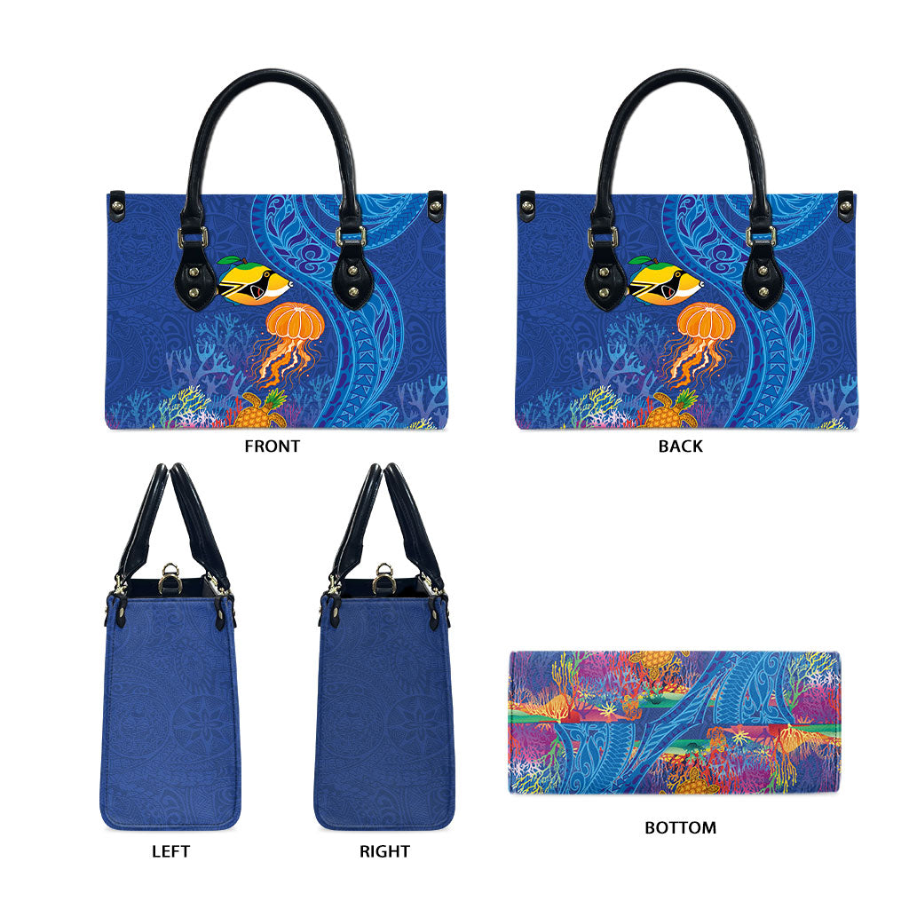 Hawaiian Funny Fruits Sea Animals Leather Bag Mango Reef Triggerfish and Pineapple Turtle and Mandarin Jellyfish