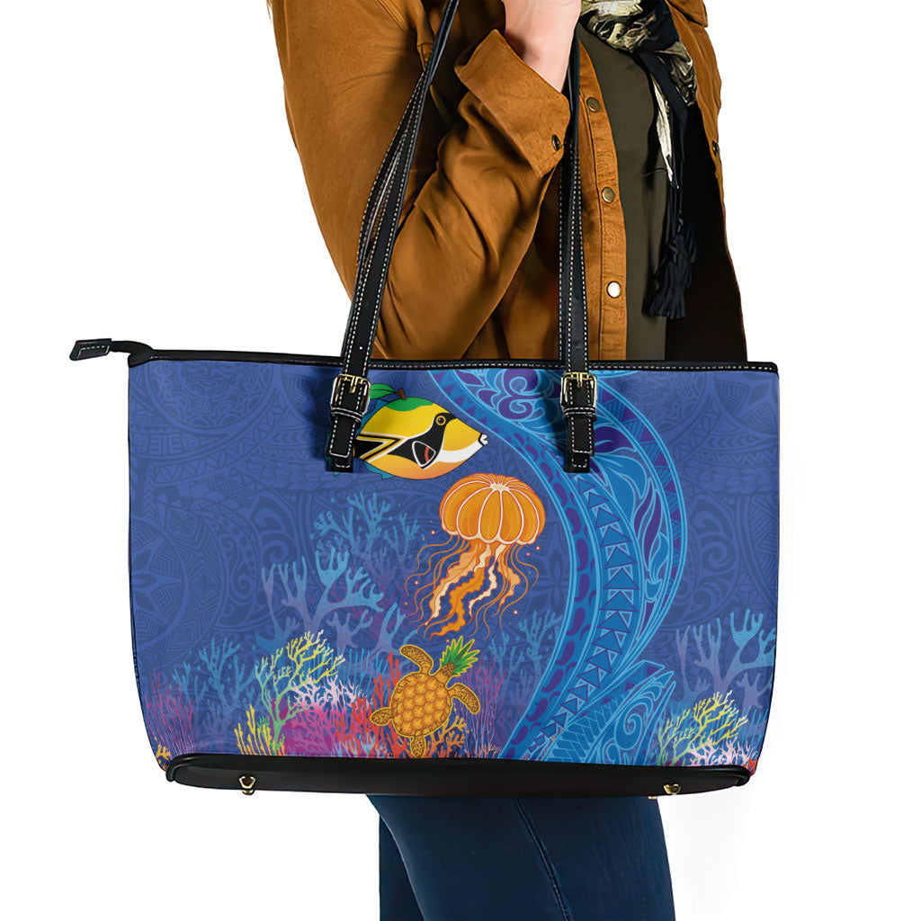 Hawaiian Funny Fruits Sea Animals Leather Tote Bag Mango Reef Triggerfish and Pineapple Turtle and Mandarin Jellyfish