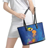 Hawaiian Funny Fruits Sea Animals Leather Tote Bag Mango Reef Triggerfish and Pineapple Turtle and Mandarin Jellyfish