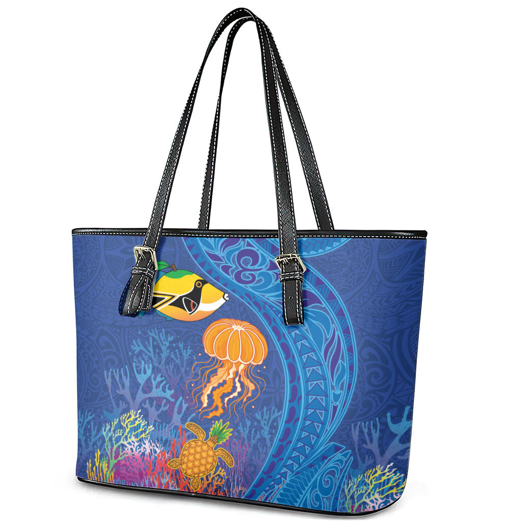 Hawaiian Funny Fruits Sea Animals Leather Tote Bag Mango Reef Triggerfish and Pineapple Turtle and Mandarin Jellyfish