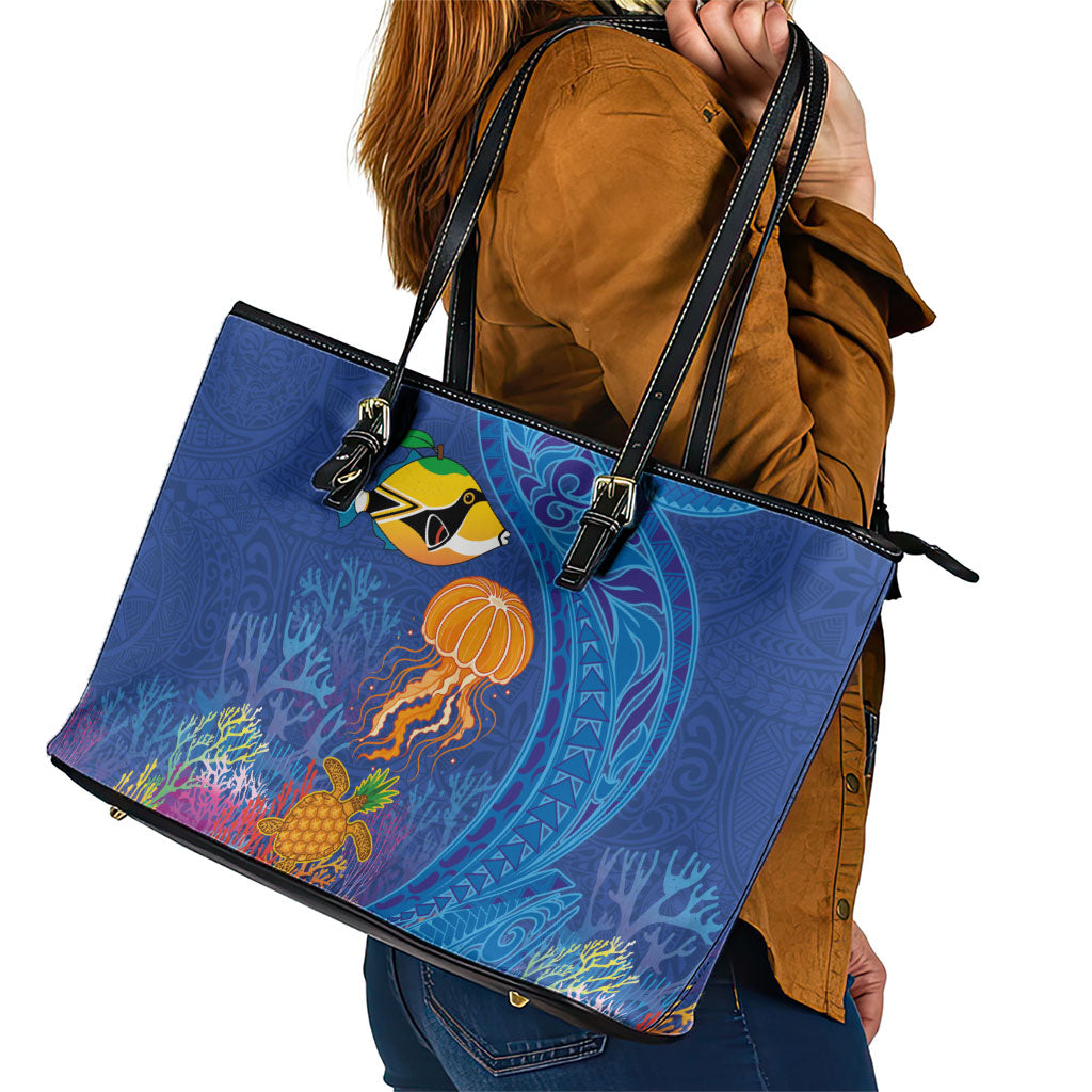 Hawaiian Funny Fruits Sea Animals Leather Tote Bag Mango Reef Triggerfish and Pineapple Turtle and Mandarin Jellyfish