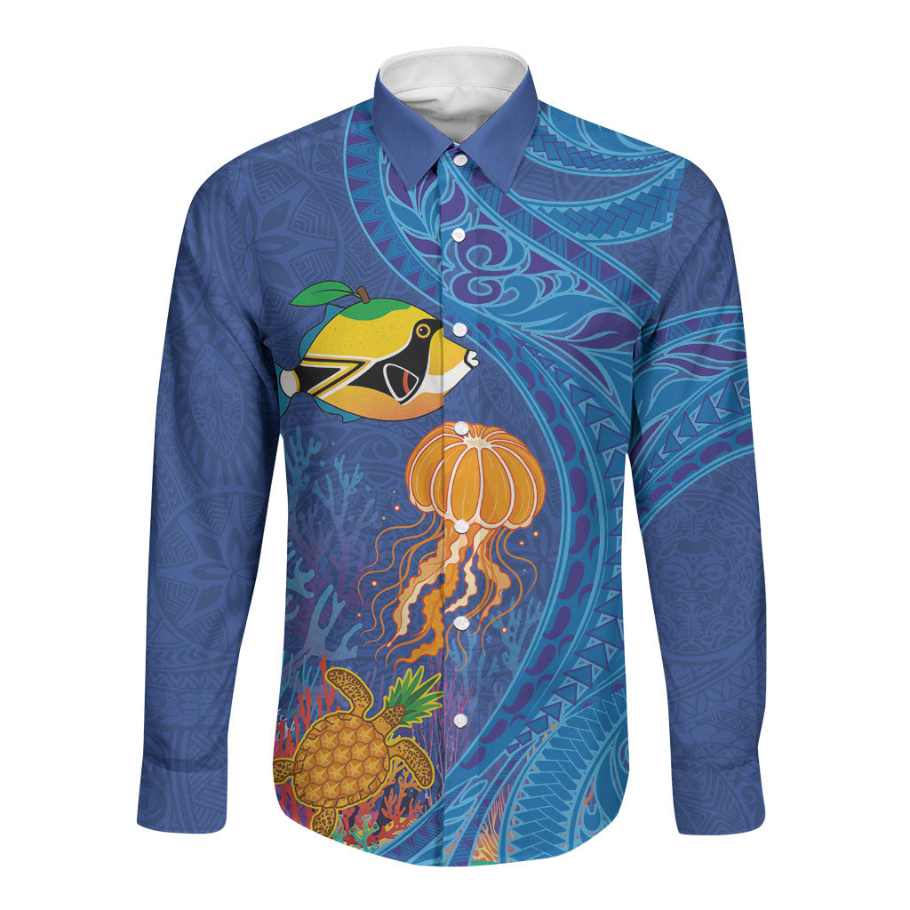 Hawaiian Funny Fruits Sea Animals Long Sleeve Button Shirt Mango Reef Triggerfish and Pineapple Turtle and Mandarin Jellyfish