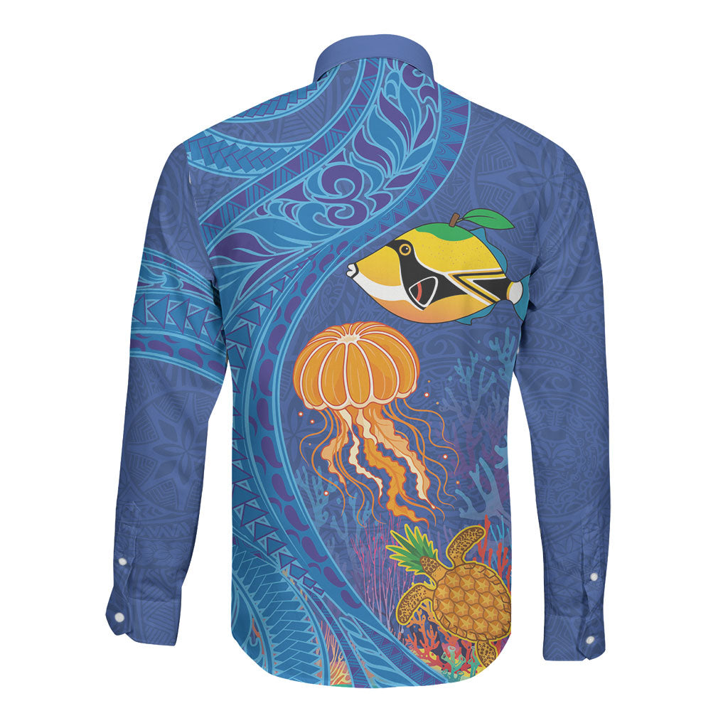 Hawaiian Funny Fruits Sea Animals Long Sleeve Button Shirt Mango Reef Triggerfish and Pineapple Turtle and Mandarin Jellyfish