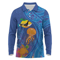 Hawaiian Funny Fruits Sea Animals Long Sleeve Polo Shirt Mango Reef Triggerfish and Pineapple Turtle and Mandarin Jellyfish
