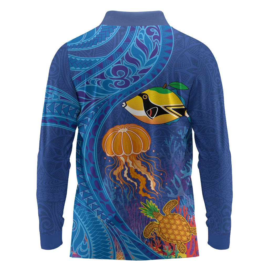 Hawaiian Funny Fruits Sea Animals Long Sleeve Polo Shirt Mango Reef Triggerfish and Pineapple Turtle and Mandarin Jellyfish
