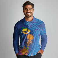 Hawaiian Funny Fruits Sea Animals Long Sleeve Polo Shirt Mango Reef Triggerfish and Pineapple Turtle and Mandarin Jellyfish