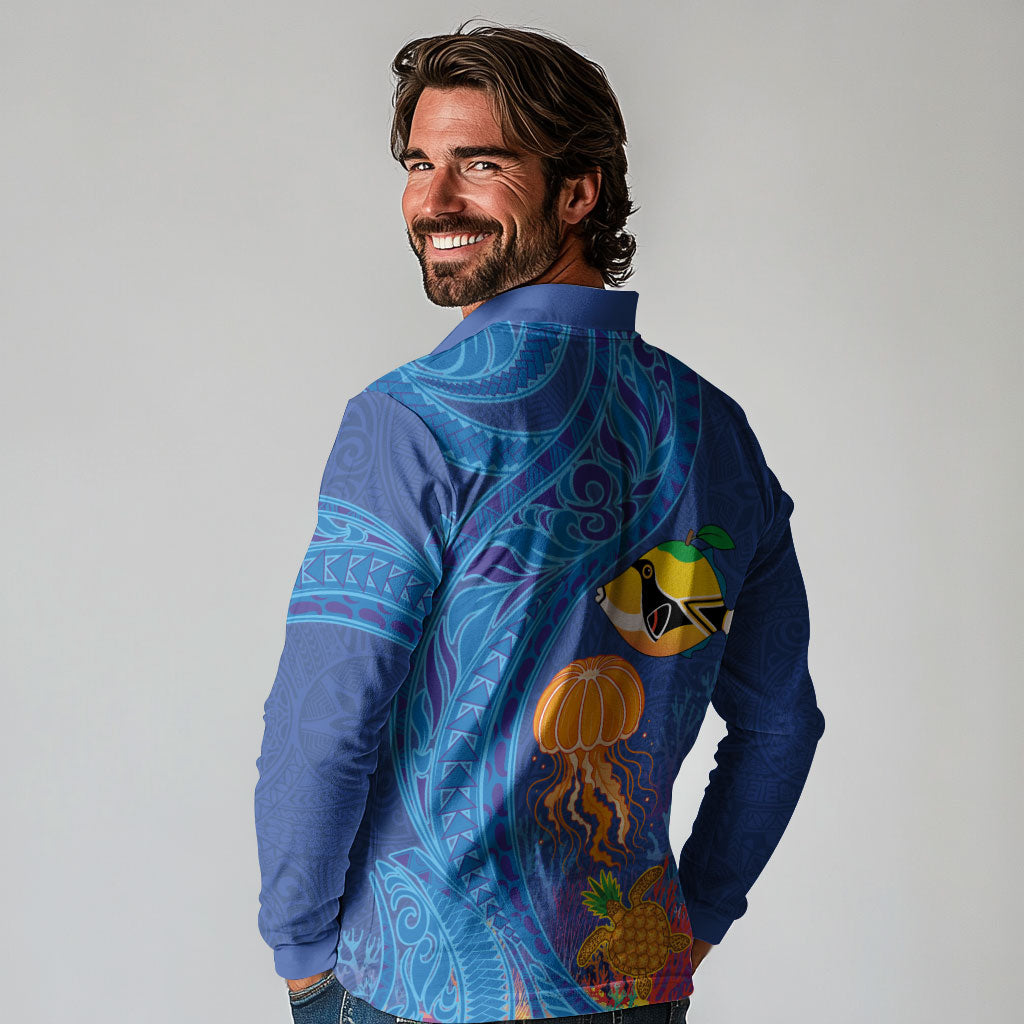 Hawaiian Funny Fruits Sea Animals Long Sleeve Polo Shirt Mango Reef Triggerfish and Pineapple Turtle and Mandarin Jellyfish