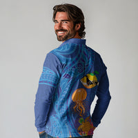 Hawaiian Funny Fruits Sea Animals Long Sleeve Polo Shirt Mango Reef Triggerfish and Pineapple Turtle and Mandarin Jellyfish