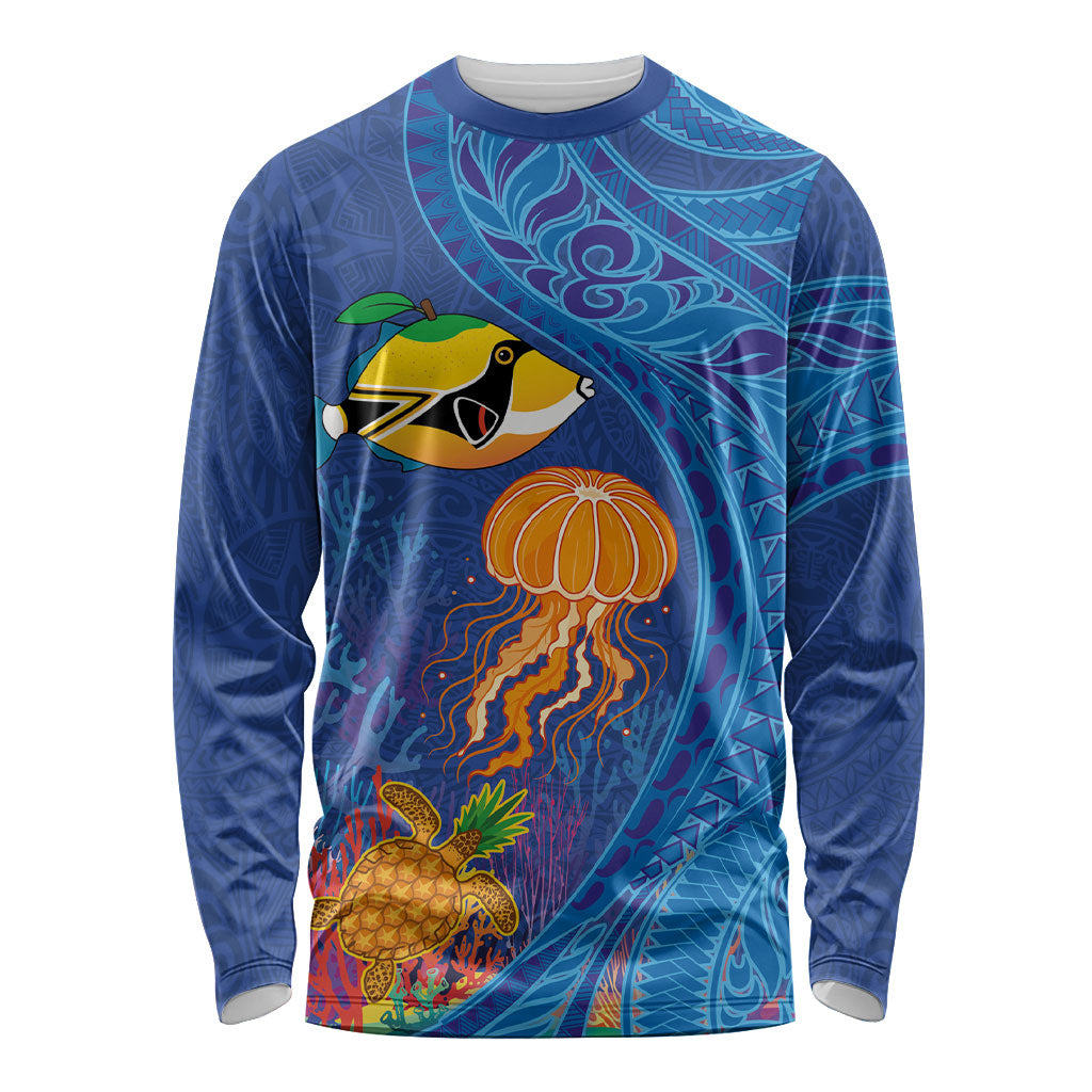 Hawaiian Funny Fruits Sea Animals Long Sleeve Shirt Mango Reef Triggerfish and Pineapple Turtle and Mandarin Jellyfish