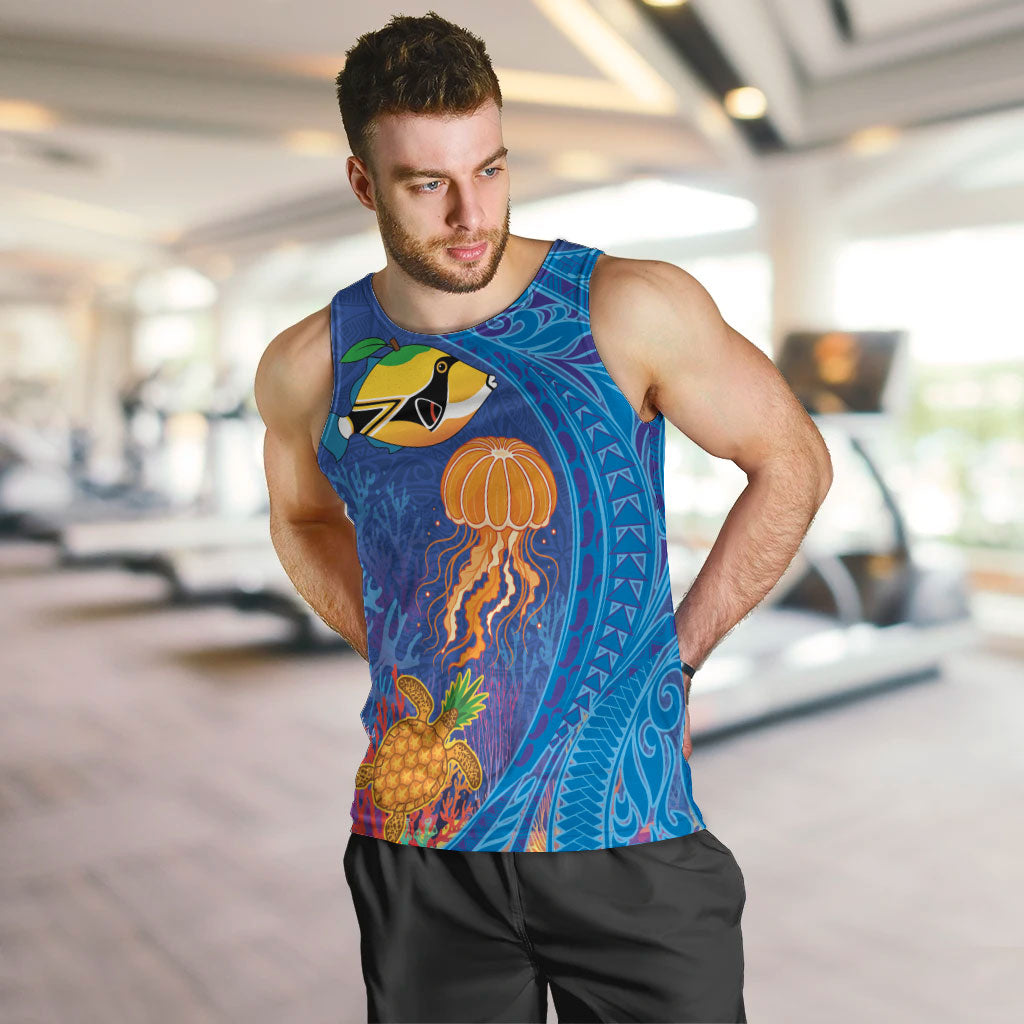 Hawaiian Funny Fruits Sea Animals Men Tank Top Mango Reef Triggerfish and Pineapple Turtle and Mandarin Jellyfish