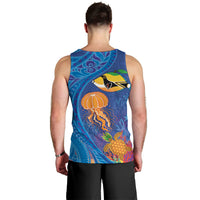 Hawaiian Funny Fruits Sea Animals Men Tank Top Mango Reef Triggerfish and Pineapple Turtle and Mandarin Jellyfish