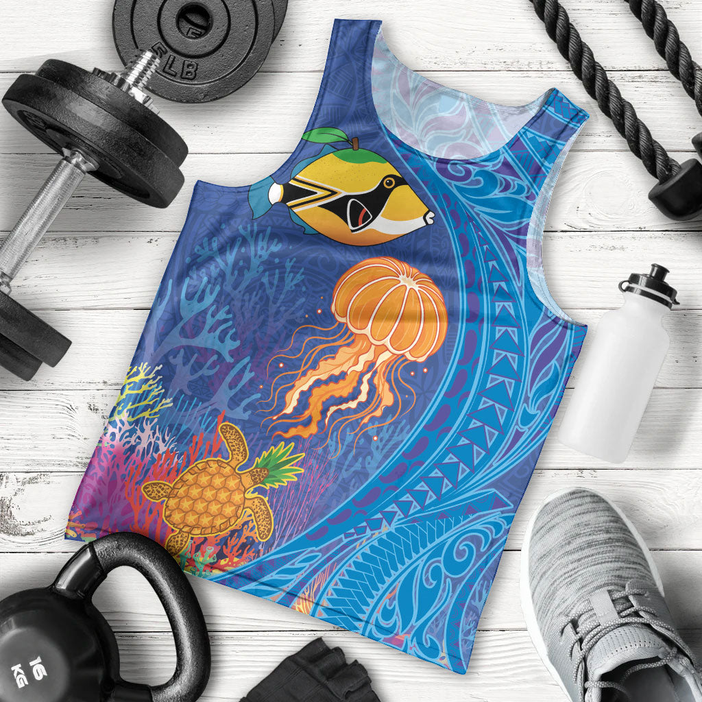 Hawaiian Funny Fruits Sea Animals Men Tank Top Mango Reef Triggerfish and Pineapple Turtle and Mandarin Jellyfish